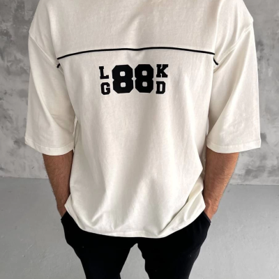 Bisiklet Yaka Baskılı Oversize T-Shirt - Beyaz