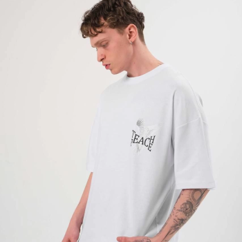 Bisiklet Yaka Baskılı Oversize T-Shirt - Beyaz -