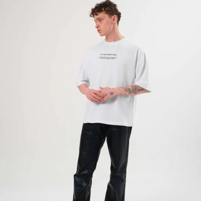 Bisiklet Yaka Baskılı Oversize T-Shirt - Beyaz