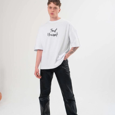 Bisiklet Yaka Baskılı Oversize T-Shirt - Beyaz -