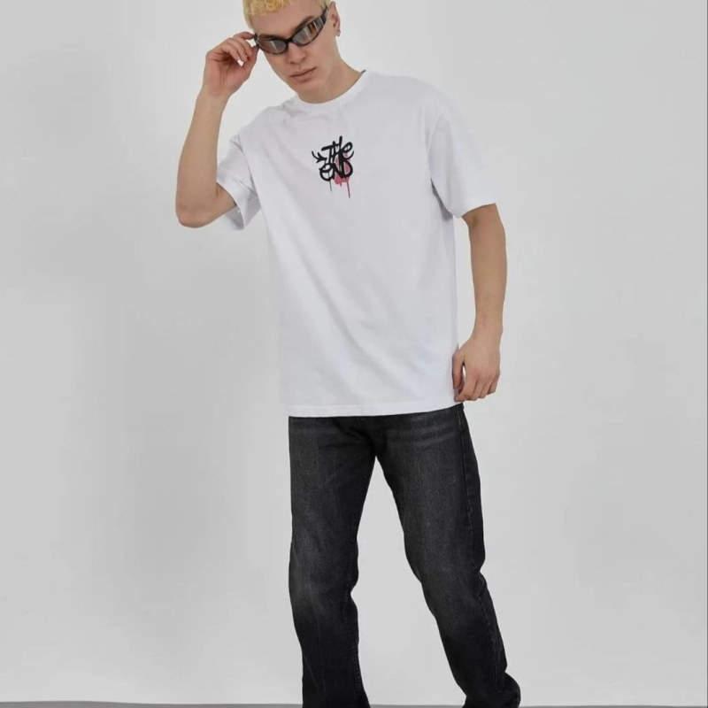 Bisiklet Yaka Baskılı Oversize T-Shirt - Beyaz