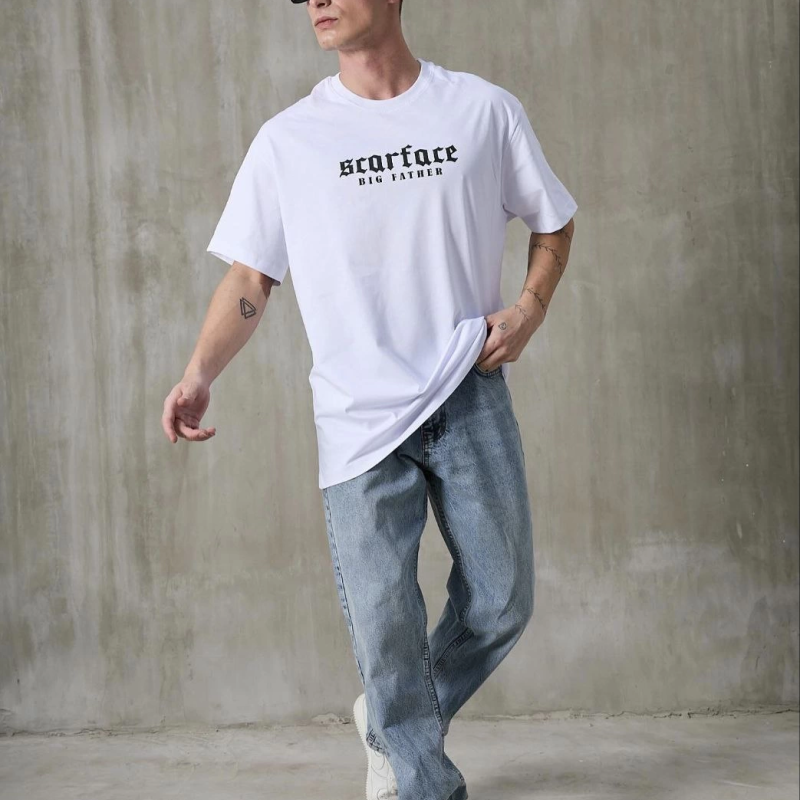 Bisiklet Yaka Baskılı Oversize T-Shirt - Beyaz