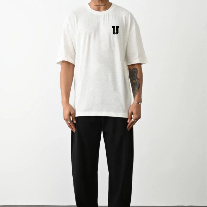 Bisiklet Yaka Baskılı Oversize T-Shirt - Beyaz -