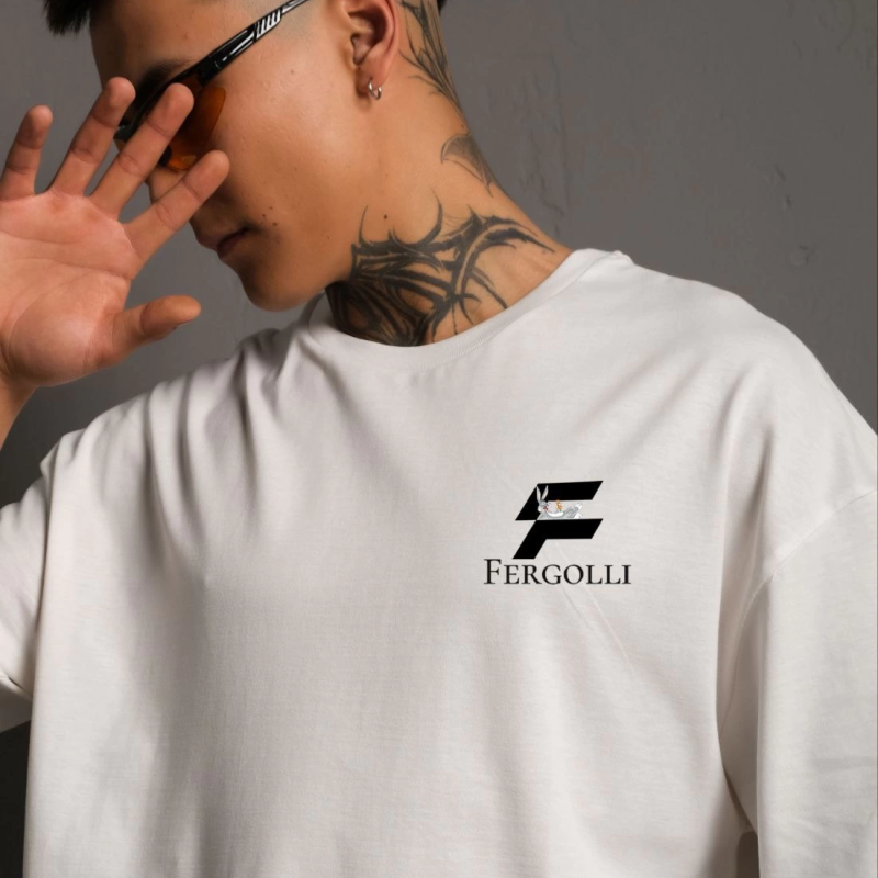 Bisiklet Yaka Baskılı Oversize T-Shirt - Beyaz -