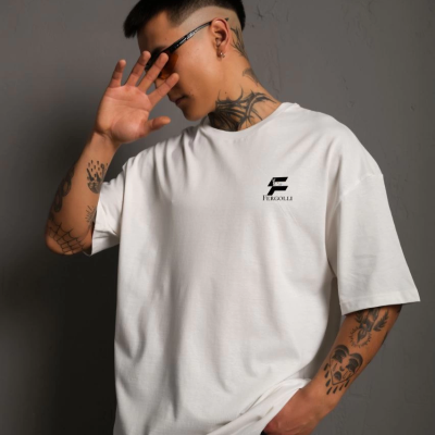 Bisiklet Yaka Baskılı Oversize T-Shirt - Beyaz -