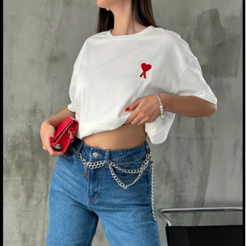 Bisiklet Yaka Baskılı Oversize T-Shirt - Beyaz -