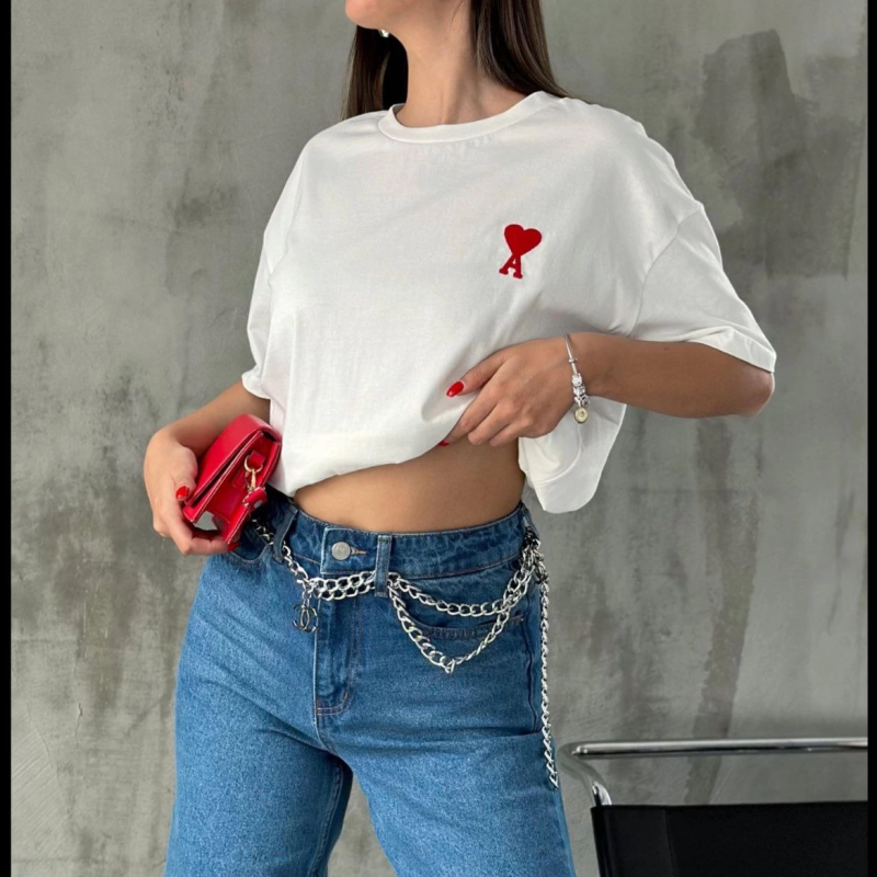 Bisiklet Yaka Baskılı Oversize T-Shirt - Beyaz -