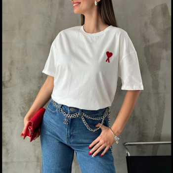 Bisiklet Yaka Baskılı Oversize T-Shirt - Beyaz -