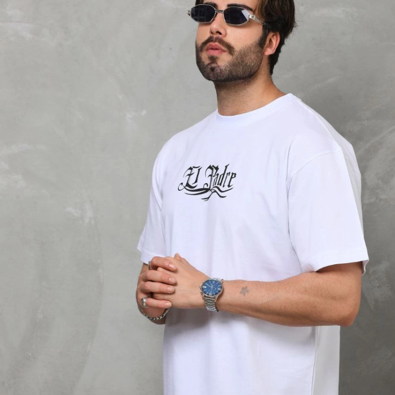 Bisiklet Yaka Baskılı Oversize T-Shirt - Beyaz -
