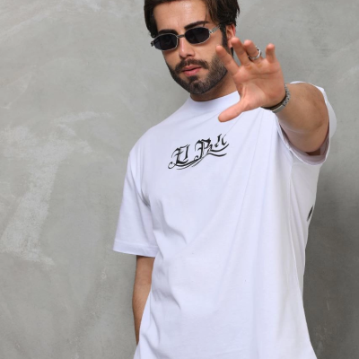 Bisiklet Yaka Baskılı Oversize T-Shirt - Beyaz -