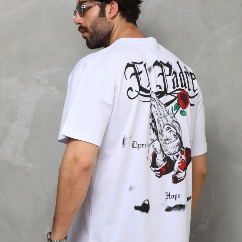 Bisiklet Yaka Baskılı Oversize T-Shirt - Beyaz -