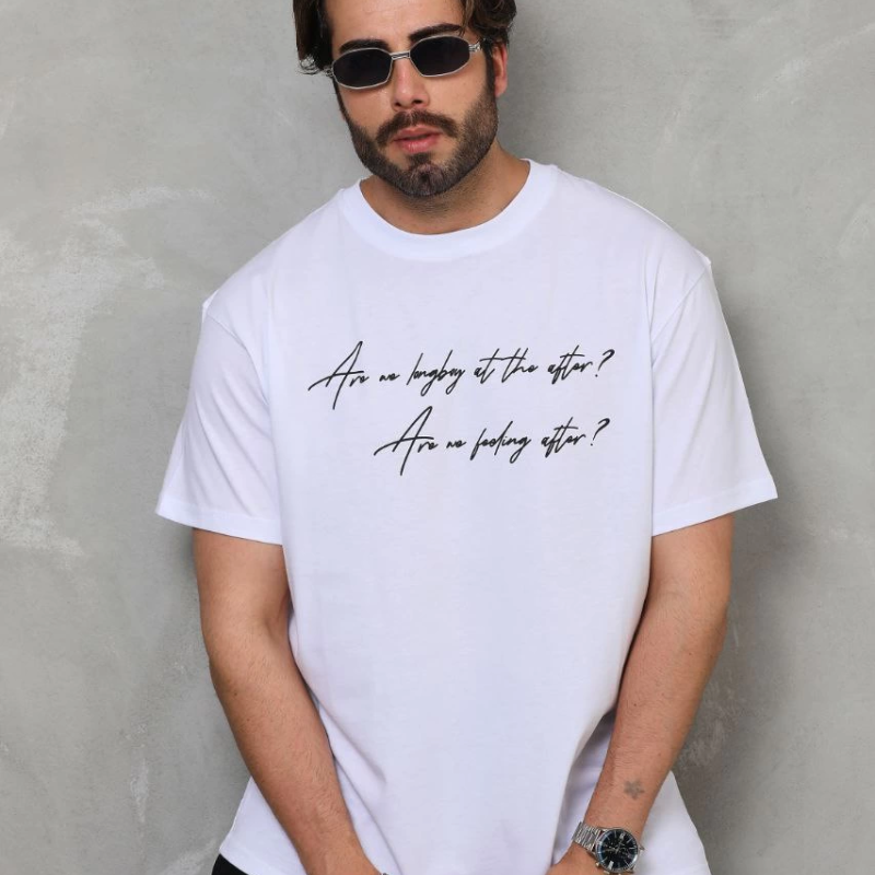 Bisiklet Yaka Baskılı Oversize T-Shirt - Beyaz