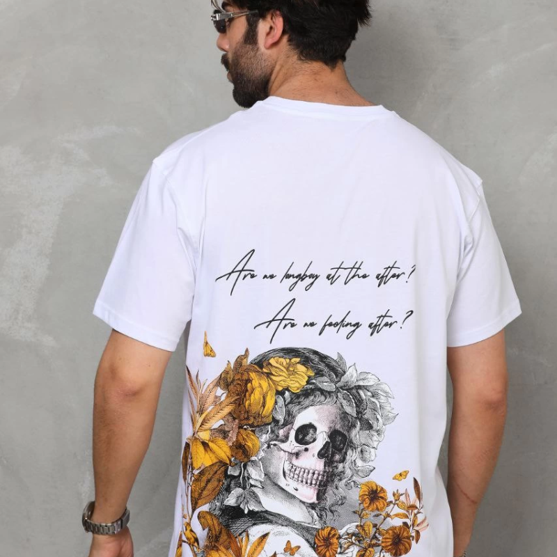 Bisiklet Yaka Baskılı Oversize T-Shirt - Beyaz