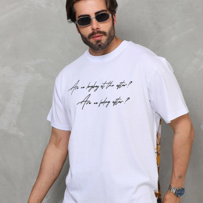 Bisiklet Yaka Baskılı Oversize T-Shirt - Beyaz