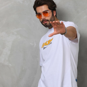 Bisiklet Yaka Baskılı Oversize T-Shirt - Beyaz -