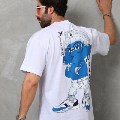 Bisiklet Yaka Baskılı Oversize T-Shirt - Beyaz -