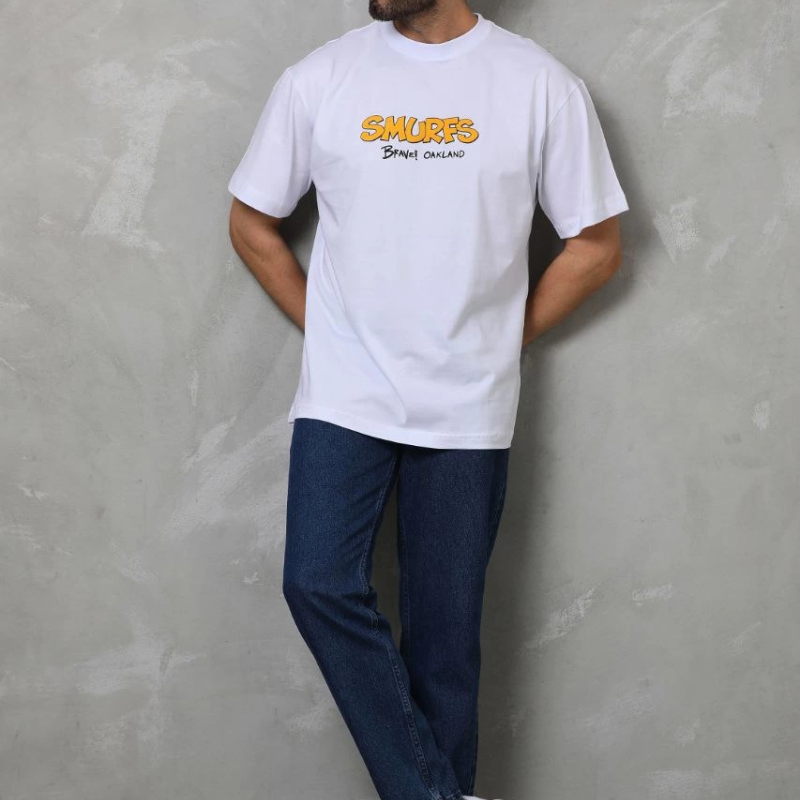 Bisiklet Yaka Baskılı Oversize T-Shirt - Beyaz -