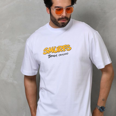 Bisiklet Yaka Baskılı Oversize T-Shirt - Beyaz -