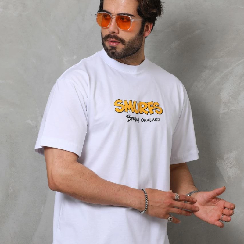 Bisiklet Yaka Baskılı Oversize T-Shirt - Beyaz -