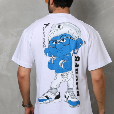 Bisiklet Yaka Baskılı Oversize T-Shirt - Beyaz -