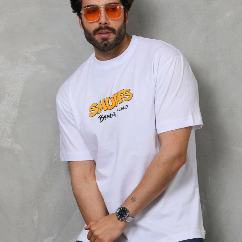 Bisiklet Yaka Baskılı Oversize T-Shirt - Beyaz -