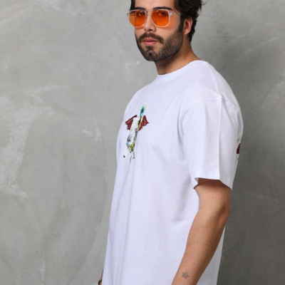 Bisiklet Yaka Baskılı Oversize T-Shirt - Beyaz -