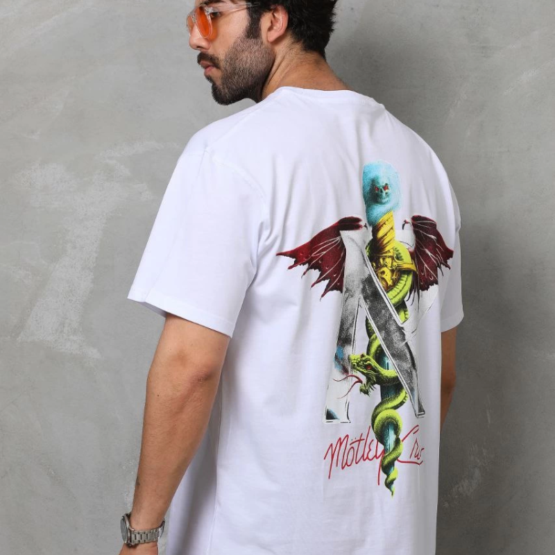 Bisiklet Yaka Baskılı Oversize T-Shirt - Beyaz -