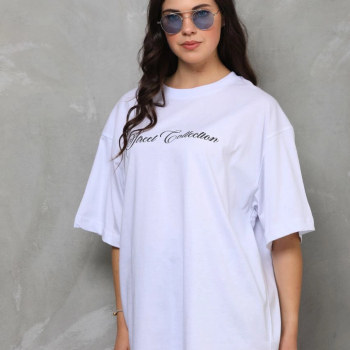 Bisiklet Yaka Baskılı Oversize T-Shirt - Beyaz