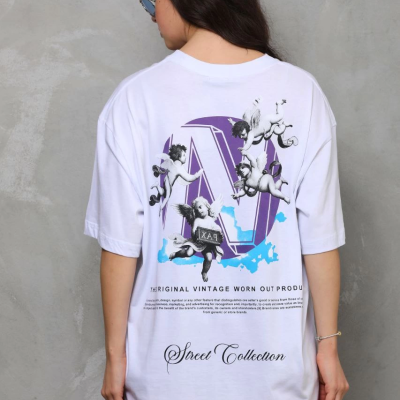 Bisiklet Yaka Baskılı Oversize T-Shirt - Beyaz