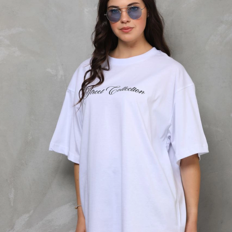 Bisiklet Yaka Baskılı Oversize T-Shirt - Beyaz