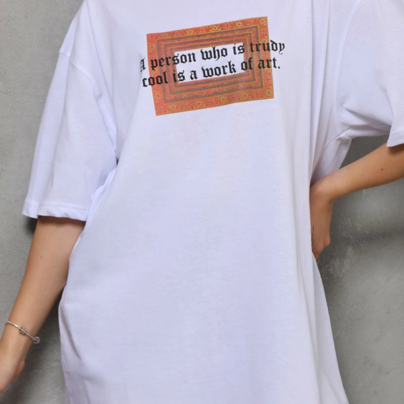 Bisiklet Yaka Baskılı Oversize T-Shirt - Beyaz -