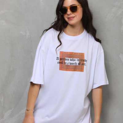 Bisiklet Yaka Baskılı Oversize T-Shirt - Beyaz -