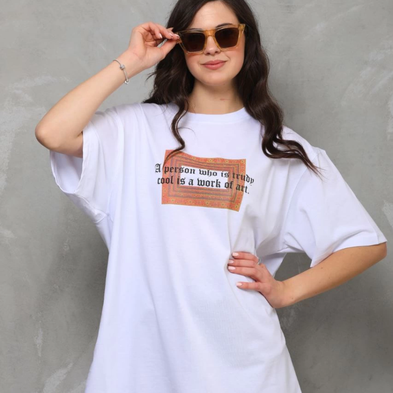 Bisiklet Yaka Baskılı Oversize T-Shirt - Beyaz -
