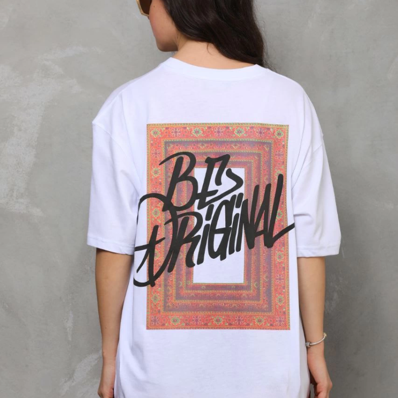 Bisiklet Yaka Baskılı Oversize T-Shirt - Beyaz -