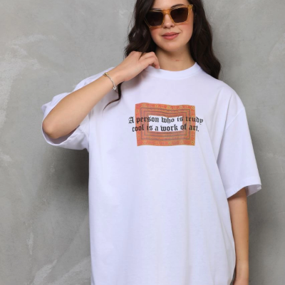 Bisiklet Yaka Baskılı Oversize T-Shirt - Beyaz -