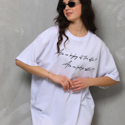 Bisiklet Yaka Baskılı Oversize T-Shirt - Beyaz