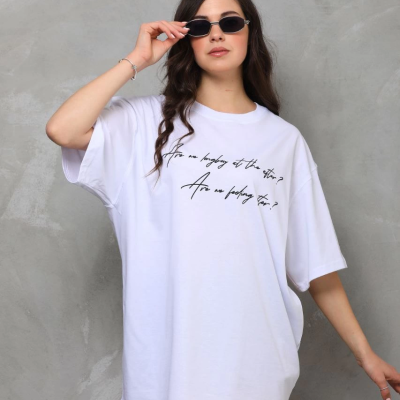 Bisiklet Yaka Baskılı Oversize T-Shirt - Beyaz