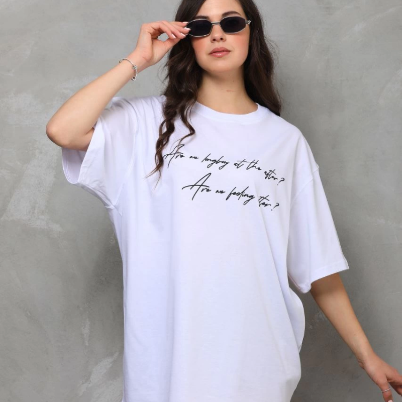 Bisiklet Yaka Baskılı Oversize T-Shirt - Beyaz