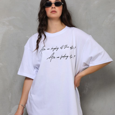 Bisiklet Yaka Baskılı Oversize T-Shirt - Beyaz