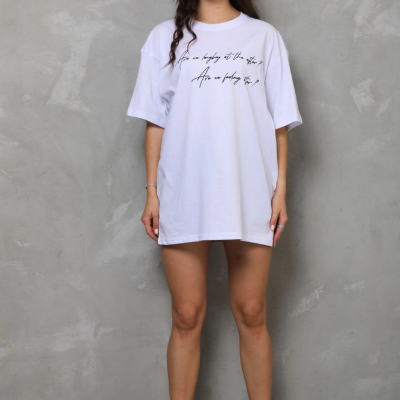 Bisiklet Yaka Baskılı Oversize T-Shirt - Beyaz