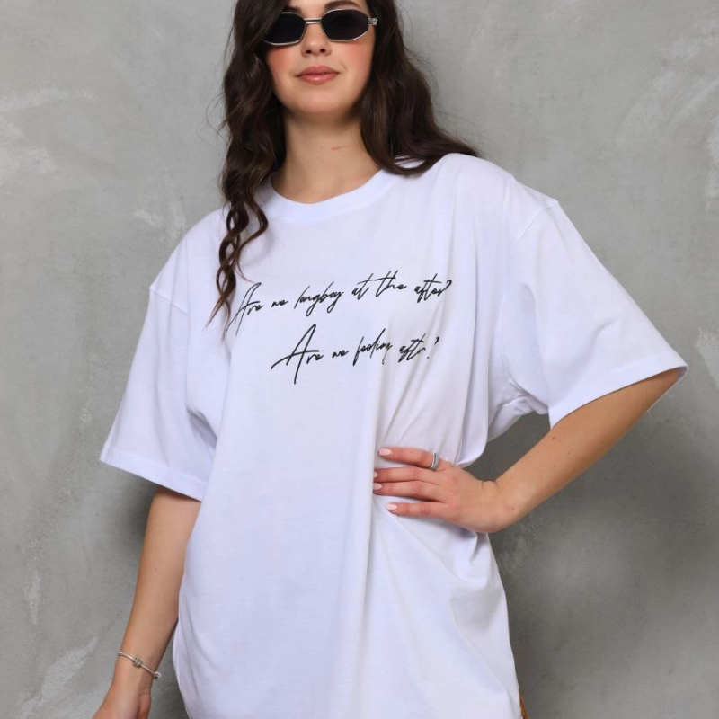 Bisiklet Yaka Baskılı Oversize T-Shirt - Beyaz