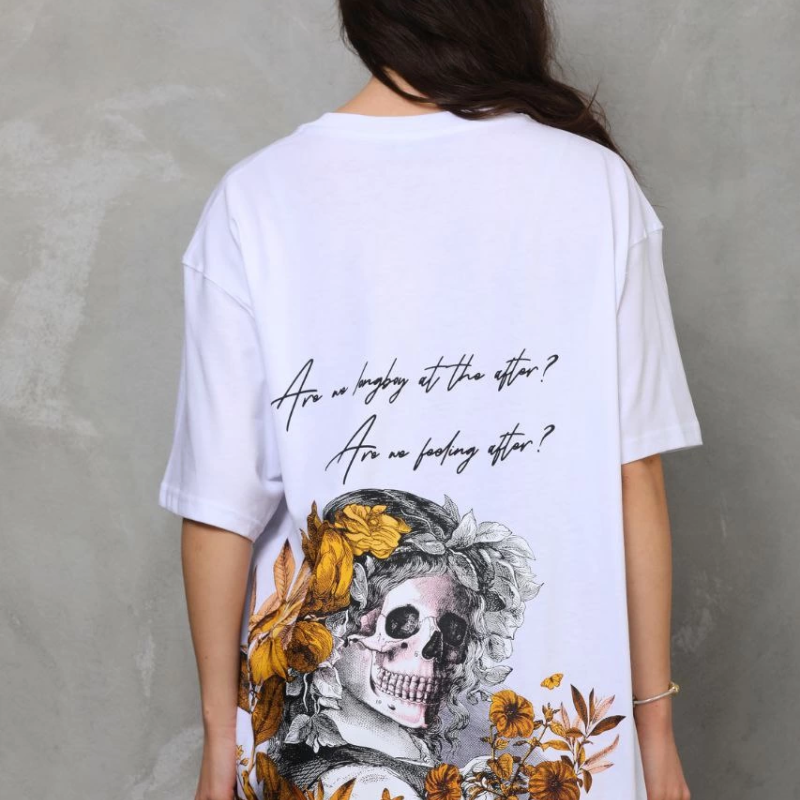 Bisiklet Yaka Baskılı Oversize T-Shirt - Beyaz