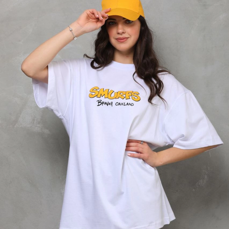 Bisiklet Yaka Baskılı Oversize T-Shirt - Beyaz -