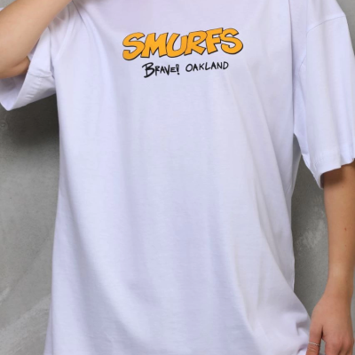 Bisiklet Yaka Baskılı Oversize T-Shirt - Beyaz -