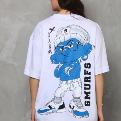 Bisiklet Yaka Baskılı Oversize T-Shirt - Beyaz -