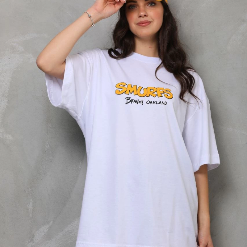 Bisiklet Yaka Baskılı Oversize T-Shirt - Beyaz -