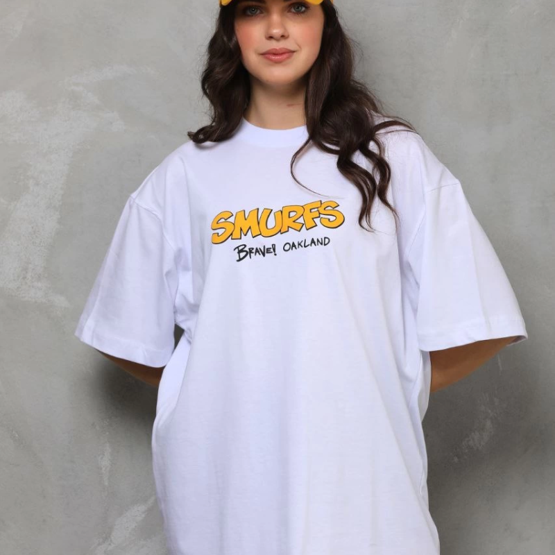 Bisiklet Yaka Baskılı Oversize T-Shirt - Beyaz -