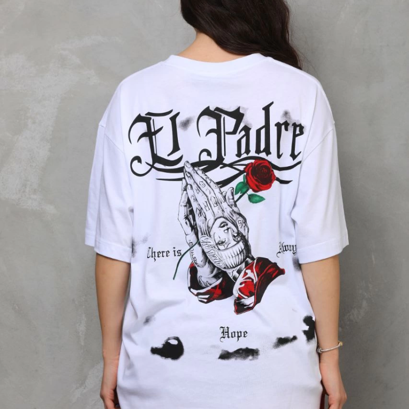 Bisiklet Yaka Baskılı Oversize T-Shirt - Beyaz -