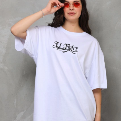 Bisiklet Yaka Baskılı Oversize T-Shirt - Beyaz -