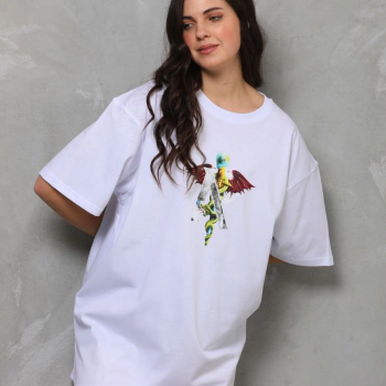Bisiklet Yaka Baskılı Oversize T-Shirt - Beyaz -